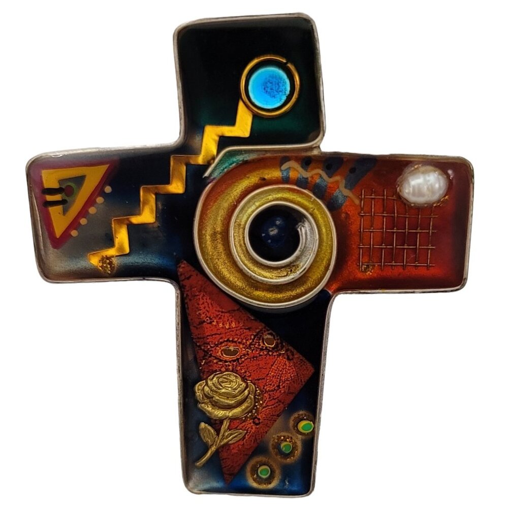 Yossi Steinberg Resin Pearl Rhinestone Mixed Element Cross Brooch Pin K591